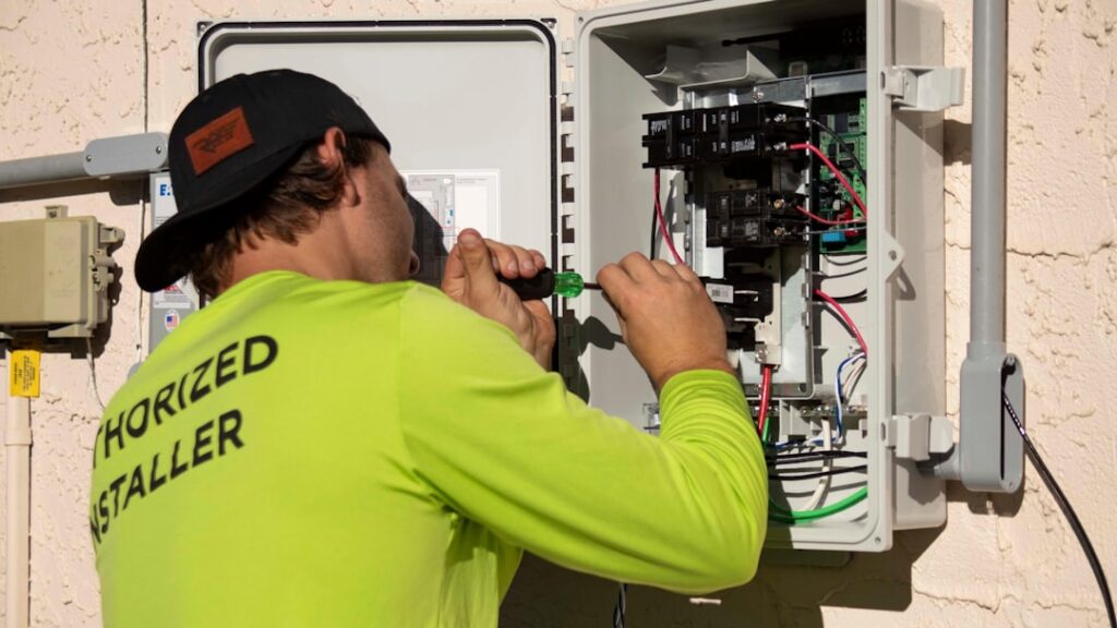 Technician working on a residential solar and battery electrical system
